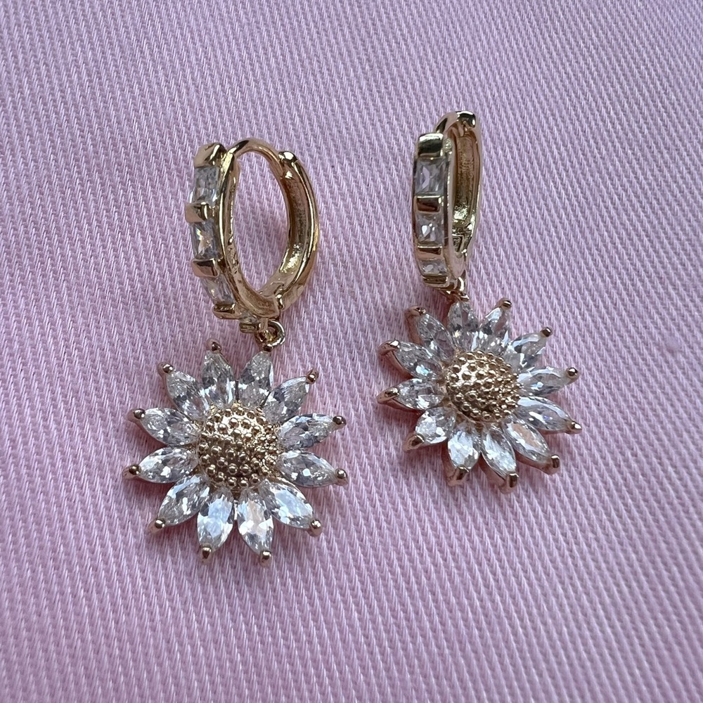 Boutique Sunflower Drop Earrings - Gold Cz